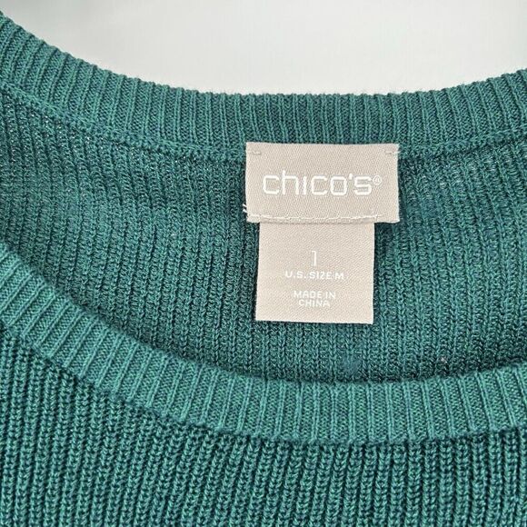 Chicos 1 Size M Side Twist Sweater Forest Green Ribbed Knit Long Sleeve - Picture 9 of 10